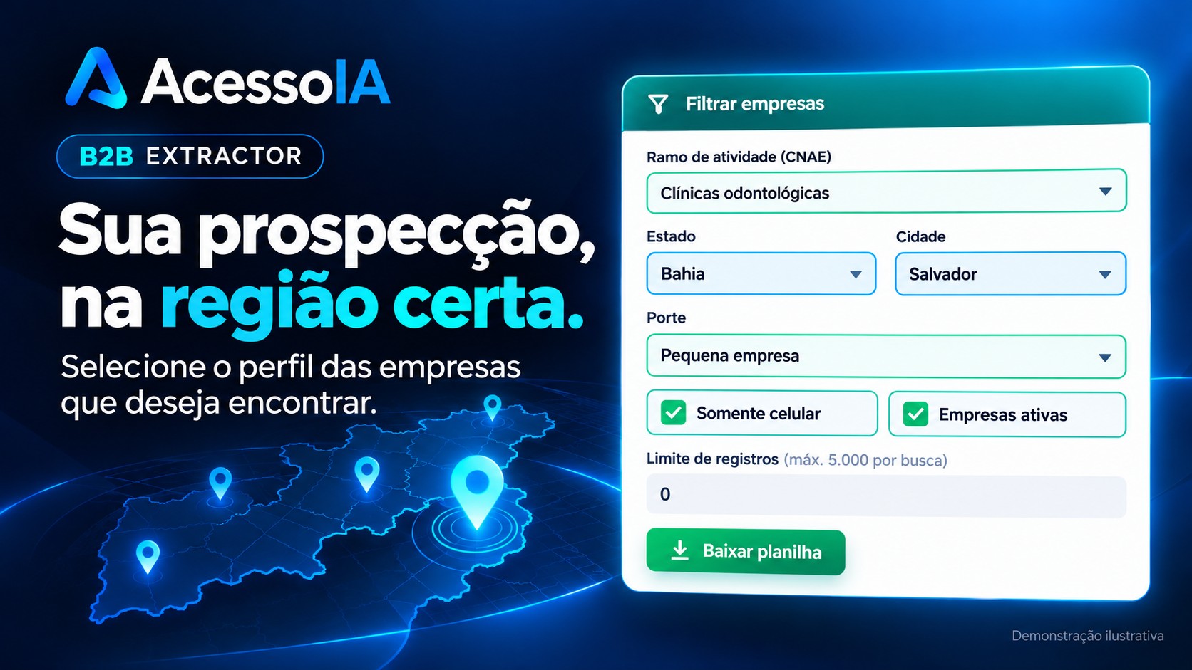 B2B Extractor: demonstração ilustrativa dos filtros Bahia, Salvador, pequena empresa, somente celular e empresas ativas.